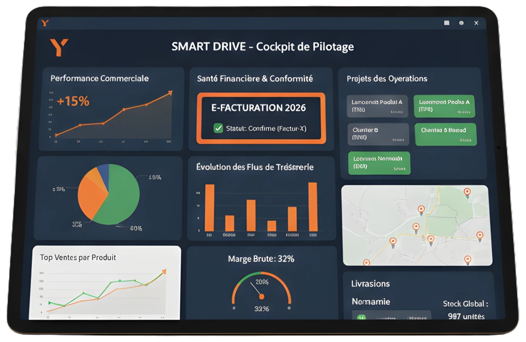 Cockpit ERP Smart Drive avec suivi financier et facturation électronique