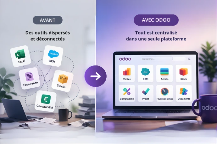 Comparaison avant après ERP Odoo : outils de gestion dispersés (Excel, CRM, facturation, stocks) vs solution centralisée dans un logiciel de gestion d’entreprise unique