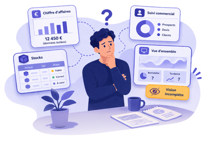 Manque de visibilité sur l’activité : chiffre d’affaires, suivi commercial et stocks non centralisés rendant le pilotage d’entreprise difficile sans solution ERP