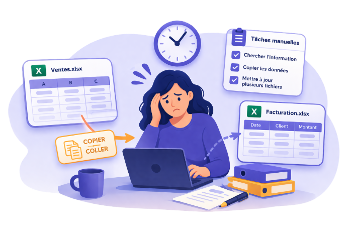 Gestion manuelle avec Excel : copier-coller, recherche d’informations et mises à jour multiples entraînant perte de temps au quotidien sans ERP pour PME