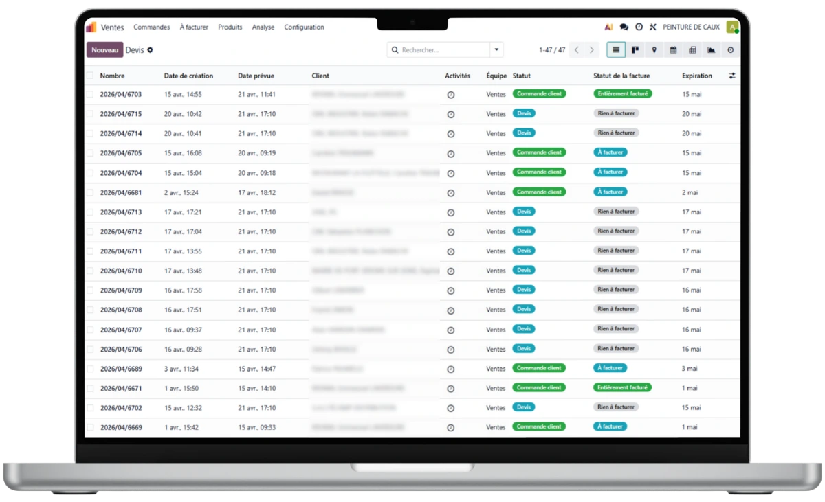 Interface odoo gestion devis entreprises